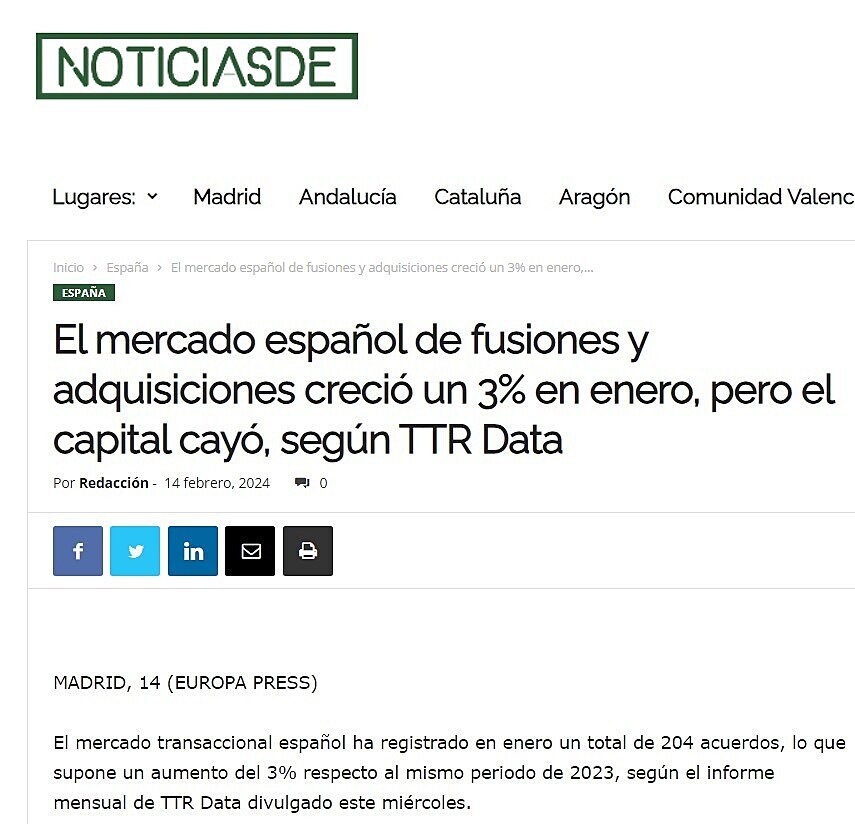 El mercado espaol de fusiones y adquisiciones creci un 3% en enero, pero el capital cay, segn TTR Data
